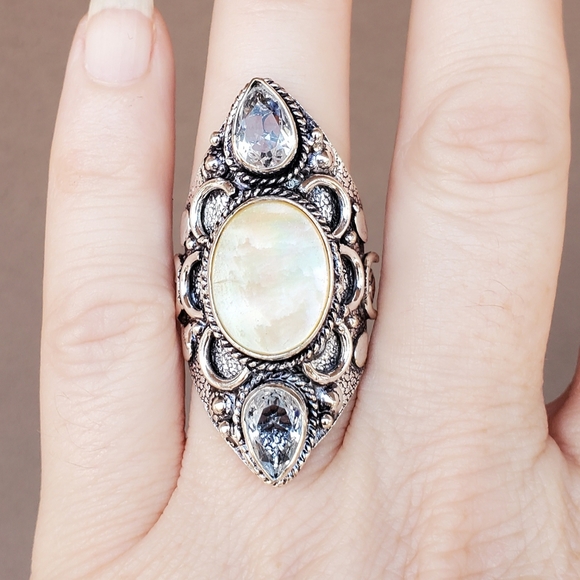 New Abalone Shell & White Topaz 925 Silver Statement Ring. - Picture 5 of 13
